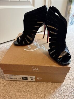 Christian Louboutin Black Suede Cutout Peep-Toe Stiletto Heels